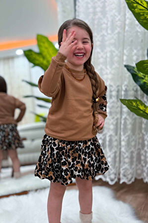 Miniğimin Cicileri Kol Kalp Detaylı Leopar Desenli Kız Çocuk Etekli 2 li Takım - Kahverengi