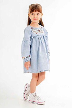 Miniğimin Cicileri Çiçek Nakış Detaylı Kot Elbise Kız Çocuk - Açık Mavi