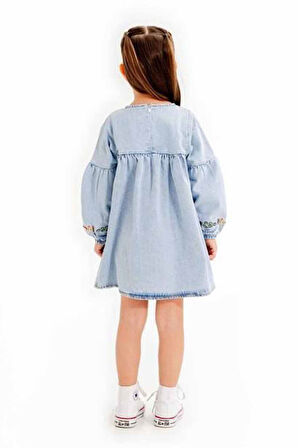 Miniğimin Cicileri Çiçek Nakış Detaylı Kot Elbise Kız Çocuk - Açık Mavi