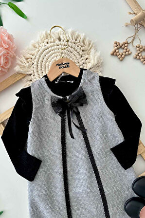 Miniğimin Cicileri Fiyonk Detaylı Fistolu Kız Çocuk Jile ve Badi Takım - Gri