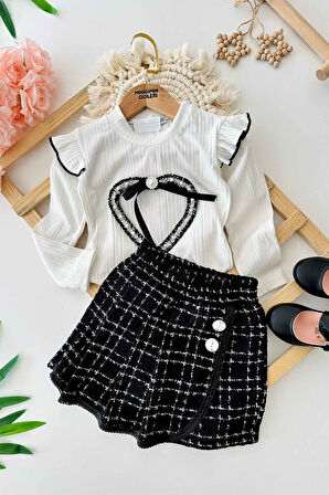 Miniğimin Cicileri Kalp Detaylı Taşlı Kız Çocuk Şort Etekli Takım - Siyah