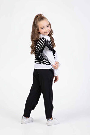 Miniğimin Cicileri Çizgili Desenli Gömlekli Kız Çocuk 3 lü Takım - Siyah