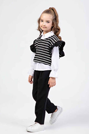 Miniğimin Cicileri Çizgili Desenli Gömlekli Kız Çocuk 3 lü Takım - Siyah