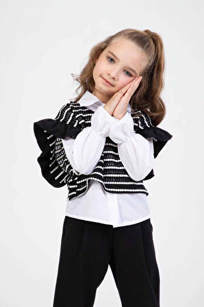 Miniğimin Cicileri Çizgili Desenli Gömlekli Kız Çocuk 3 lü Takım - Siyah