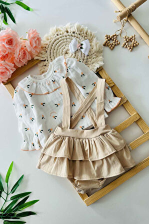 Miniğimin Cicileri Çiçek Baskılı Pamuklu Kız Bebe Romper Tulum Takım - Bej
