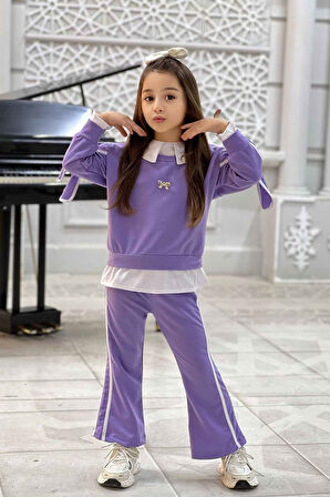 Miniğimin Cicileri Kol Bağcıklı Gömlek Detaylı Kız Çocuk 2 li Takım (Dar Kalıp) - Lila