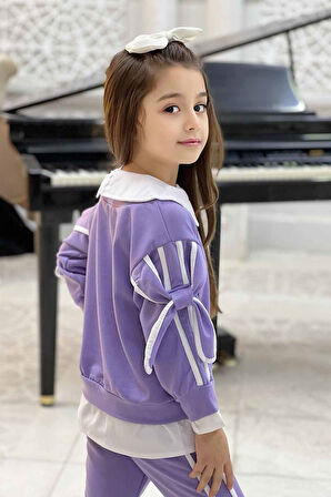 Miniğimin Cicileri Kol Bağcıklı Gömlek Detaylı Kız Çocuk 2 li Takım (Dar Kalıp) - Lila
