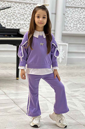 Miniğimin Cicileri Kol Bağcıklı Gömlek Detaylı Kız Çocuk 2 li Takım (Dar Kalıp) - Lila