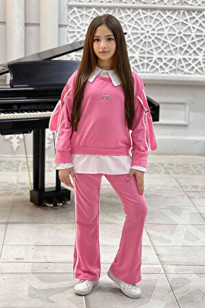 Miniğimin Cicileri Kol Bağcıklı Gömlek Detaylı Kız Çocuk 2 li Takım (Dar Kalıp) - Pembe