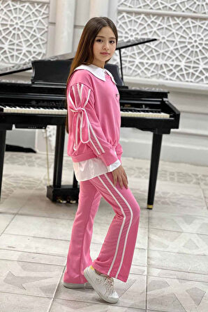 Miniğimin Cicileri Kol Bağcıklı Gömlek Detaylı Kız Çocuk 2 li Takım (Dar Kalıp) - Pembe