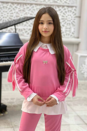 Miniğimin Cicileri Kol Bağcıklı Gömlek Detaylı Kız Çocuk 2 li Takım (Dar Kalıp) - Pembe