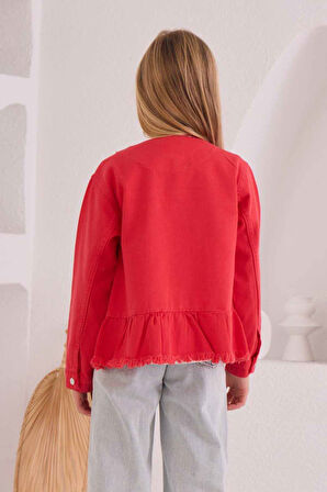 Miniğimin Cicileri Flower Baskılı Fırfırlı Kız Çocuk Ceketli 3 lü Kot Takım - Nar Çiçeği