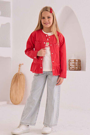 Miniğimin Cicileri Flower Baskılı Fırfırlı Kız Çocuk Ceketli 3 lü Kot Takım - Nar Çiçeği