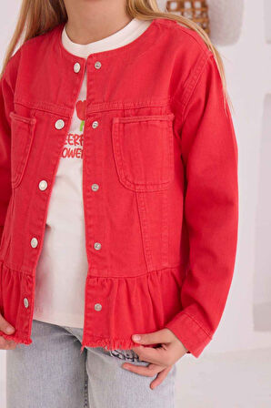 Miniğimin Cicileri Flower Baskılı Fırfırlı Kız Çocuk Ceketli 3 lü Kot Takım - Nar Çiçeği