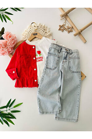 Miniğimin Cicileri Flower Baskılı Fırfırlı Kız Çocuk Ceketli 3 lü Kot Takım - Nar Çiçeği