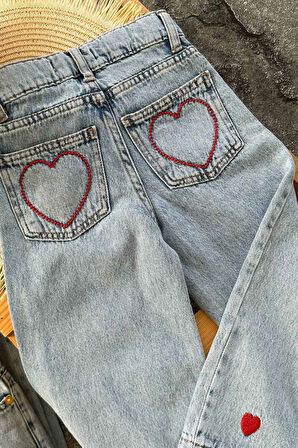 Miniğimin Cicileri Kalp İşlemeli Cepli Kız Çocuk Kot Pantolon - Açık Mavi