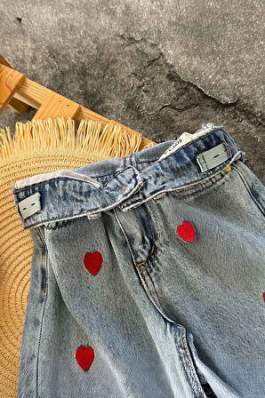 Miniğimin Cicileri Kalp İşlemeli Cepli Kız Çocuk Kot Pantolon - Açık Mavi