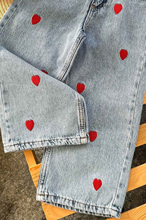 Miniğimin Cicileri Kalp İşlemeli Cepli Kız Çocuk Kot Pantolon - Açık Mavi