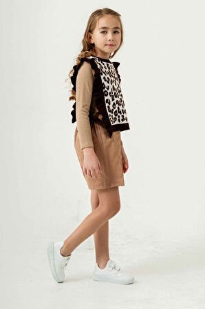 Miniğimin Cicileri Leopar Triko Desenli Fırfırlı Kız Çocuk Şort Etekli Takım - KoyuKahve