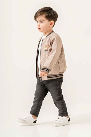 Miniğimin Cicileri (9-24 Ay) Deri Bear Fırçalı İşlemeli Erkek Bebe 3 lü Takım - Bej