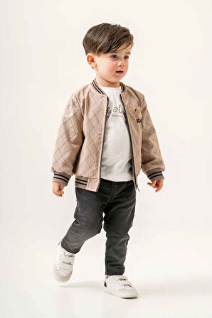 Miniğimin Cicileri (9-24 Ay) Deri Bear Fırçalı İşlemeli Erkek Bebe 3 lü Takım - Bej