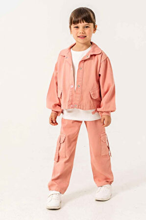 Miniğimin Cicileri Çiçek İşLeme Keten Renkli Kargo Cepli Kız Çocuk 3 lü Takım - Somon