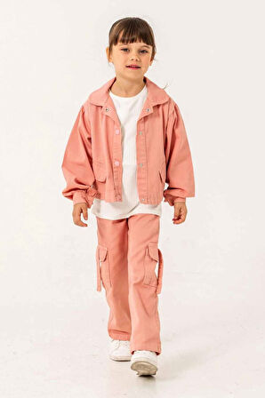 Miniğimin Cicileri Çiçek İşLeme Keten Renkli Kargo Cepli Kız Çocuk 3 lü Takım - Somon