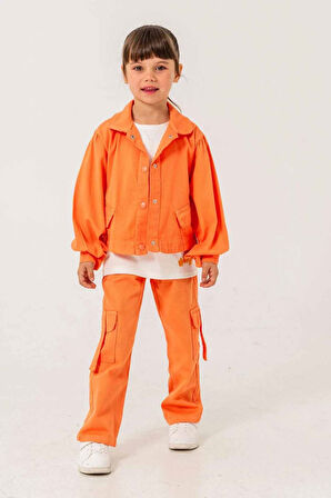 Miniğimin Cicileri Çiçek İşLeme Keten Renkli Kargo Cepli Kız Çocuk 3 lü Takım - Oranj