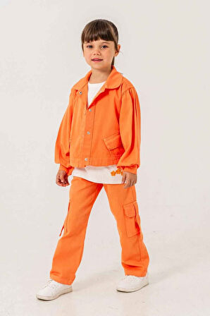 Miniğimin Cicileri Çiçek İşLeme Keten Renkli Kargo Cepli Kız Çocuk 3 lü Takım - Oranj