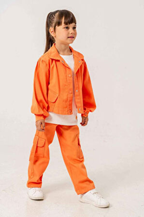 Miniğimin Cicileri Çiçek İşLeme Keten Renkli Kargo Cepli Kız Çocuk 3 lü Takım - Oranj