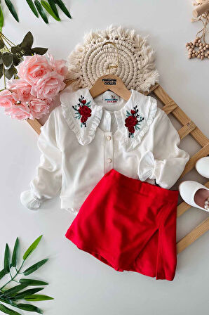 Miniğimin Cicileri Yaka Gül Nakışlı Triko Hırkalı Şort Etekli Kız Çocuk 3 lü Takım - Kırmızı