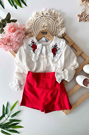 Miniğimin Cicileri Yaka Gül Nakışlı Triko Hırkalı Şort Etekli Kız Çocuk 3 lü Takım - Kırmızı
