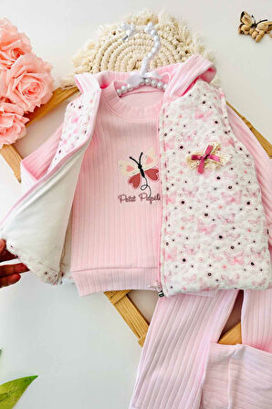 Miniğimin Cicileri Kelebek Aplike Nakışlı Şişme Yelekli 3 lü Kız Bebe Takım - Pembe