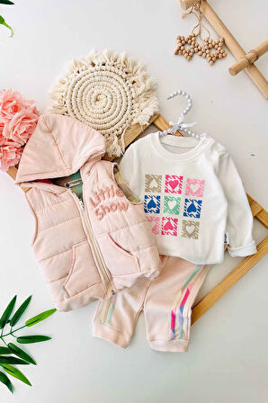 Miniğimin Cicileri Kalp Baskılı Şeritli Şişme Yelekli 3 lü Kız Bebe Takım - Pudra