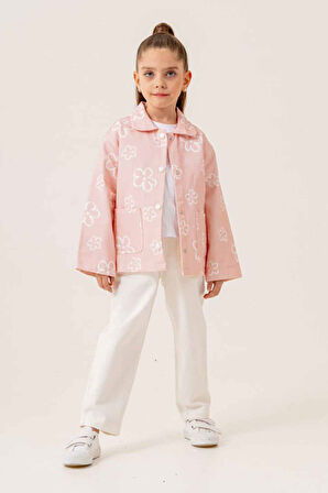 Miniğimin Cicileri Papatya Desen Ceketli Gabardin Kız Çocuk Takım - Pembe
