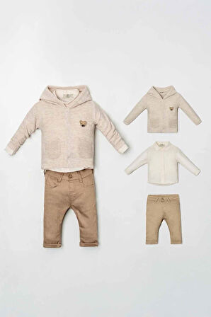 Miniğimin Cicileri Organik Bear Armalı Triko Erkek Bebe 3 lü Takım - Bej