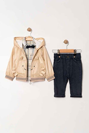 Miniğimin Cicileri Organik Kedicik Desenli Ekose Gömlekli Erkek Bebe 3 lü Takım - Bej