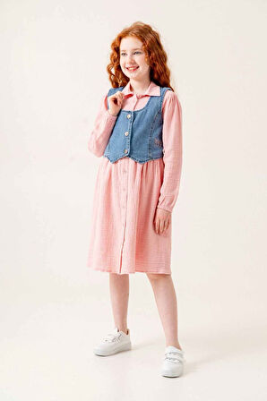 Miniğimin Cicileri Kot Cepkenli Müslin Elbiseli Kız Çocuk 2 li Takım - Pembe