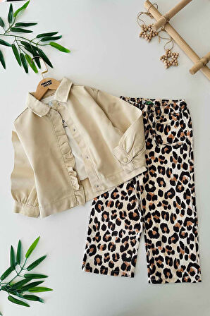 Miniğimin Cicileri Fırfır Detaylı Leopar Pamuk Gabardin 3 lü Kız Çocuk Takım - Taş