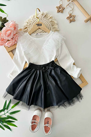 Miniğimin Cicileri Tül Detaylı Deri görünümlü Kabarık Etekli Kız Çocuk 2 li Takım - Beyaz