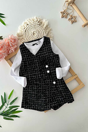 Miniğimin Cicileri Simli Chanel Kumaş Kız Çocuk Yelekli 3 lü Takım - Siyah