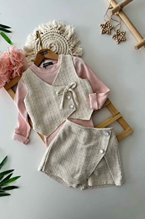 Miniğimin Cicileri Simli Chanel Kumaş Kız Çocuk Yelekli 3 lü Takım - Krem