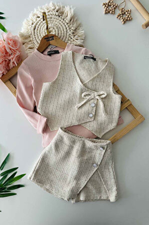 Miniğimin Cicileri Simli Chanel Kumaş Kız Çocuk Yelekli 3 lü Takım - Krem