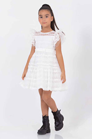 Miniğimin Cicileri Dantel Detaylı Beyaz Elbise ve Püsküllü Deri Ceket Kız Çocuk Takımı - Kırmızı