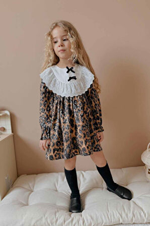 Miniğimin Cicileri Dantel Yakalı Leopar Desenli Fiyonklu Kız Çocuk Elbisesi - Kahve