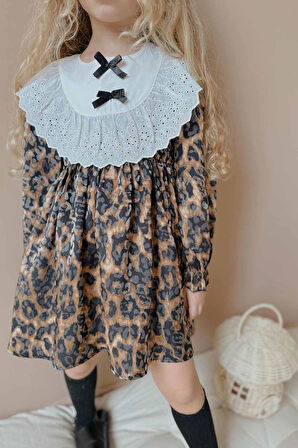 Miniğimin Cicileri Dantel Yakalı Leopar Desenli Fiyonklu Kız Çocuk Elbisesi - Kahve