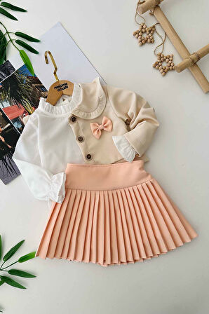 Miniğimin Cicileri Fırfırlı Yaka Düğmeli Ceket, Gömlek ve Pileli Etek 3 lü Kız Çocuk Takımı - Somon