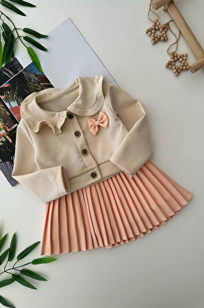 Miniğimin Cicileri Fırfırlı Yaka Düğmeli Ceket, Gömlek ve Pileli Etek 3 lü Kız Çocuk Takımı - Somon