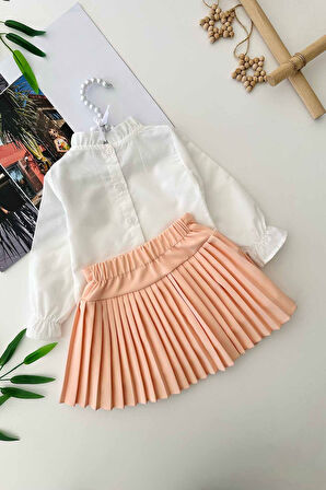 Miniğimin Cicileri Fırfırlı Yaka Düğmeli Ceket, Gömlek ve Pileli Etek 3 lü Kız Çocuk Takımı - Somon