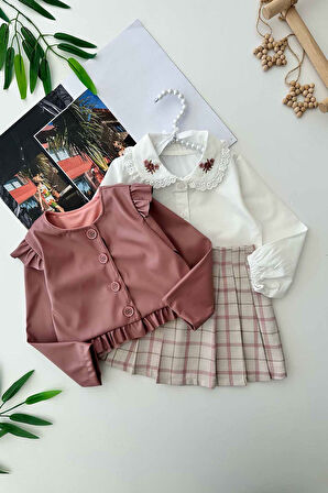 Miniğimin Cicileri Yaka Nakış Detaylı Suni Deri Ceketli Kız Çocuk Şort Etekli Takım - Gül Kurusu